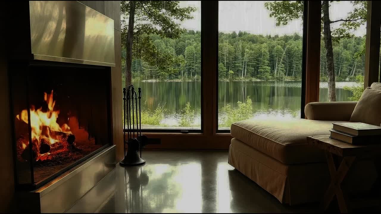 Cozy Fireplace Ambience with Forest Lake View 🔥 Deep Sleep and Stress Relief 🌲