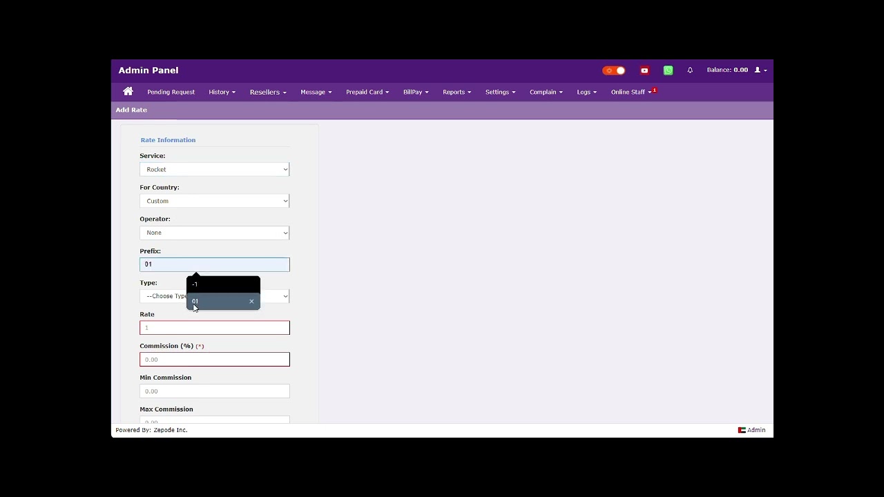 Add New Rate - Admin Panel - SBS PLUS