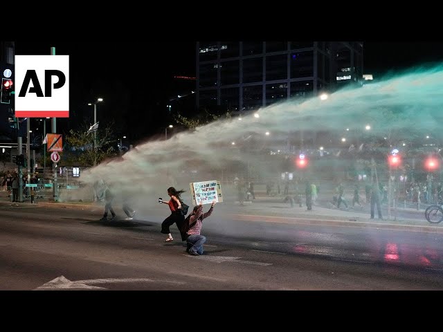 Water cannon used to disperse anti-government protesters in Tel Aviv