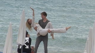 Romee Strijd and boyfriend take the pose on the beach in Cannes