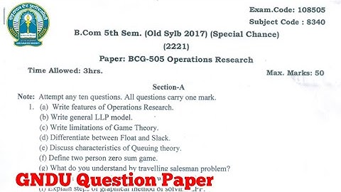 Gndu B.Com 5th Semester Operations Research Question Paper || Bcom 5th Semester Question Paper