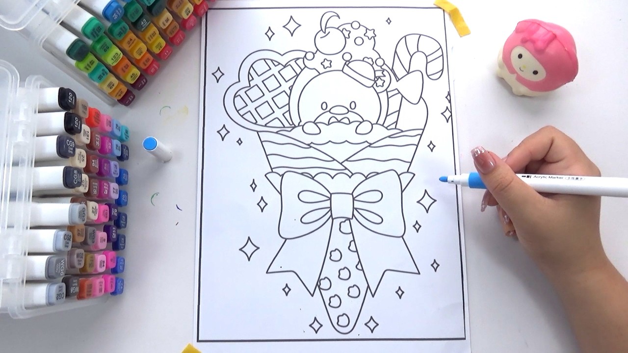 Coloring Tuxedo Sam: Cute Sanrio Dessert Art ! Tuxedo Sam in a Giant Crepe! 🍦💙