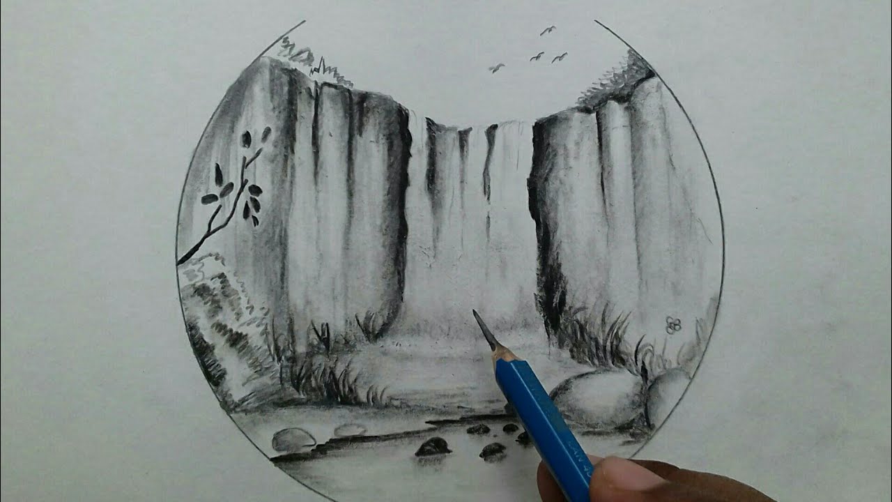 Waterfall Drawing Step By Step With Pencil Landscape Sketch Easy