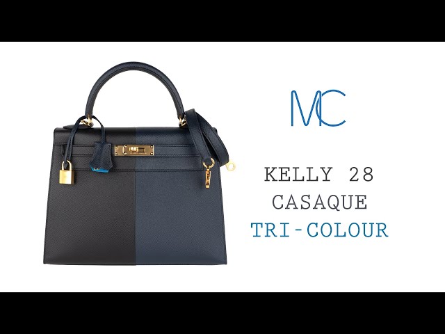 Hermes Kelly Casaque bag 28 Sellier Etoupe grey/Sesame/Blue indigo