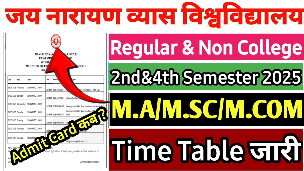 Jnvu university Pg Semester Exam Time table 2025 | jnvu university 2nd semester time table 2025