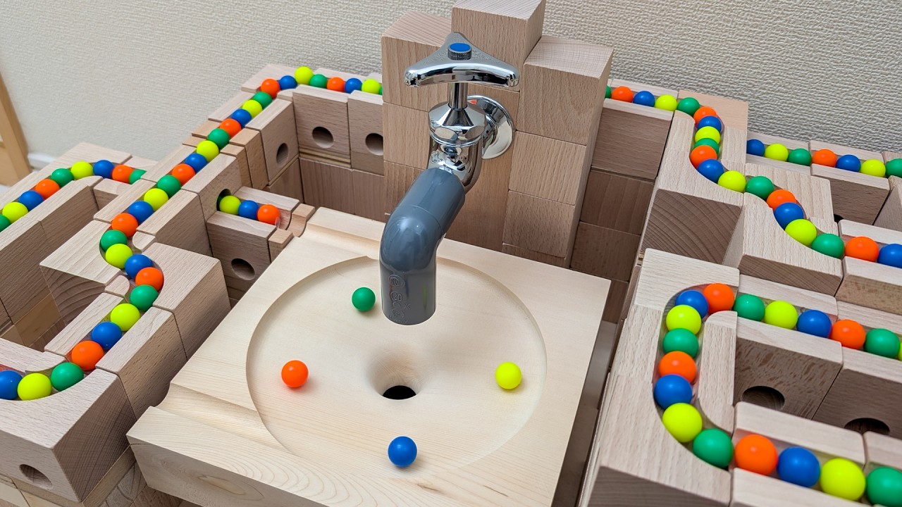 マーブルランレース☆キュボロと水道の蛇口＋ブルーフェンスのししおどし＋くねくね透明パイプ＋阪急電車と踏切