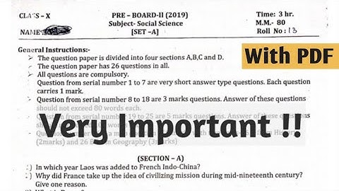 Social Science (SST) Class 10 Question Paper (2019) | Pre - Board