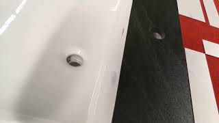 Miter joint of ceramic basin and porcelain stone bench top