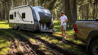WE GOT STUCK IN THE MUD WITH OUR TRAVEL TRAILER! | Our New Winch Saved the First Trip screenshot 1