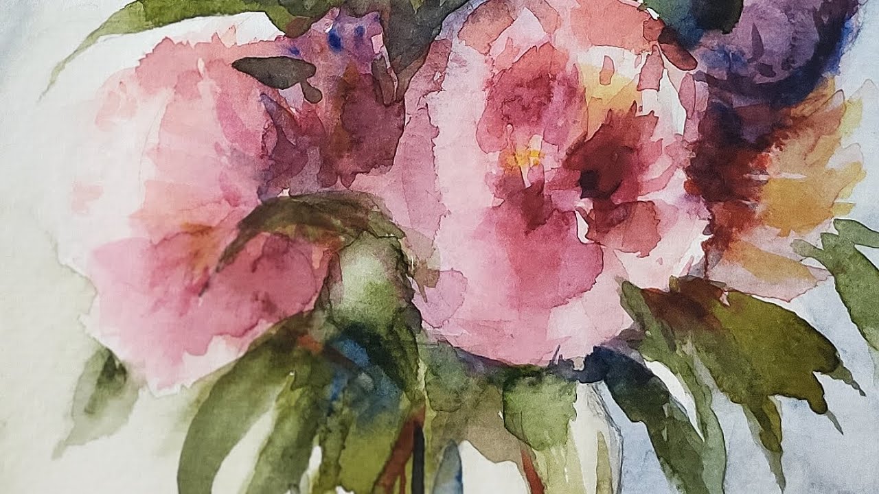 Watercolor painting on Flowers Peonies in a vase step by step tutorial ...