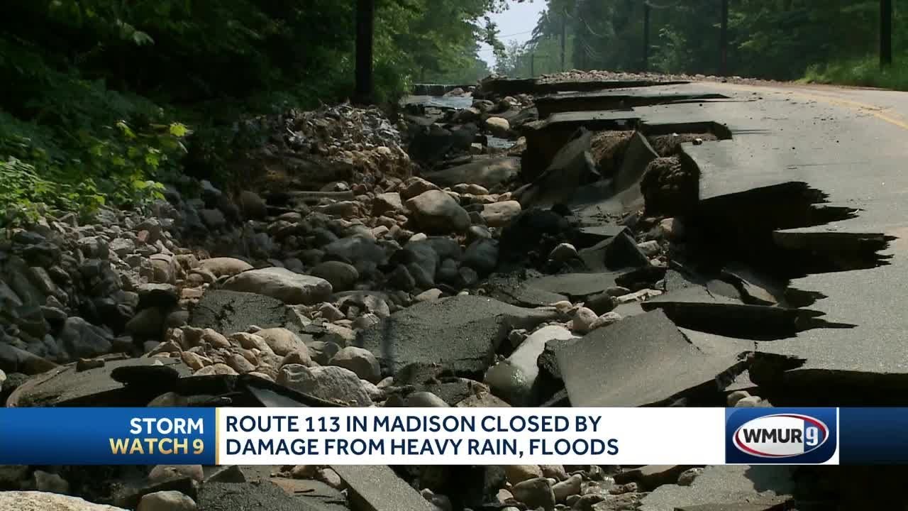 Route 113 in Madison closed by damage from flooding - YouTube
