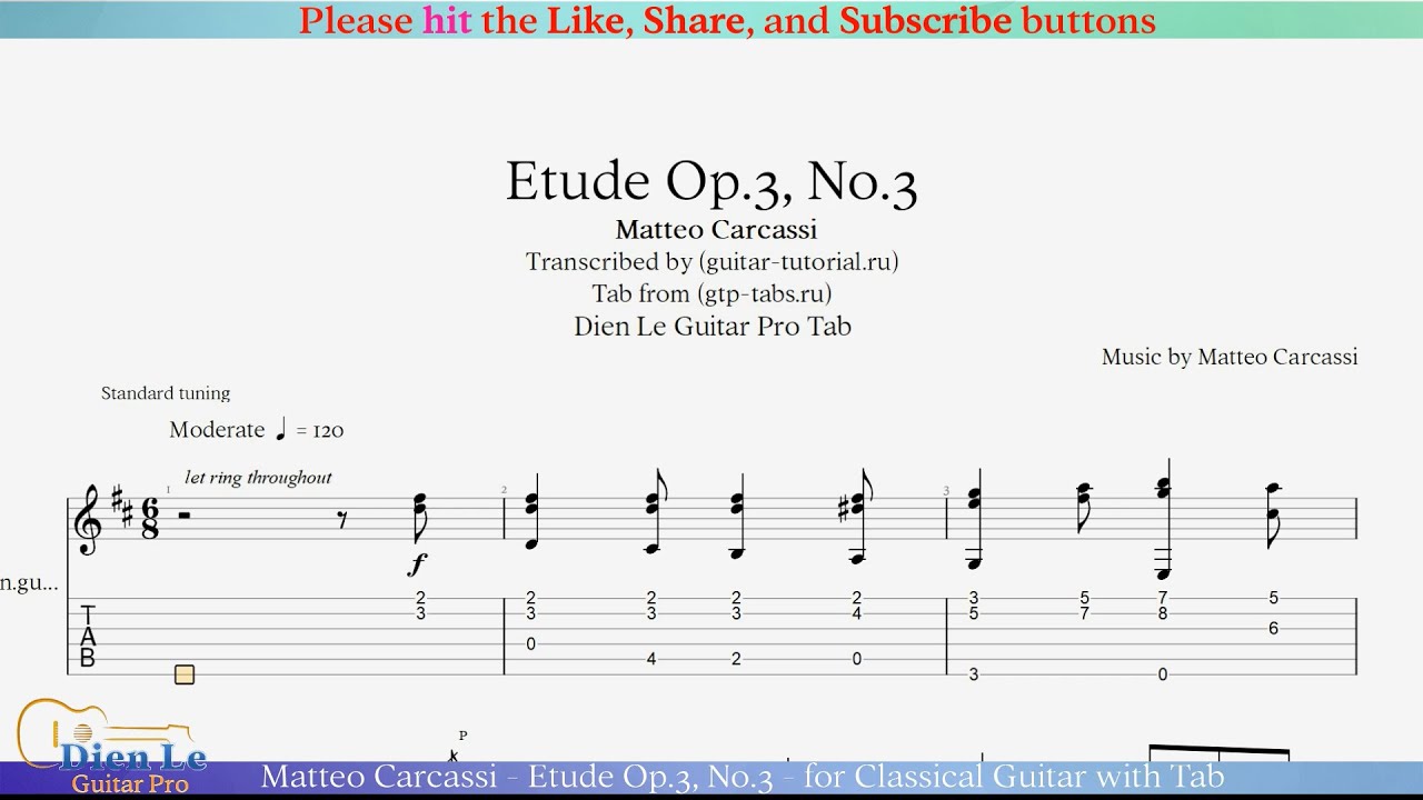 Matteo Carcassi - Etude Op.3, No.3 - for Classical Guitar with Tab