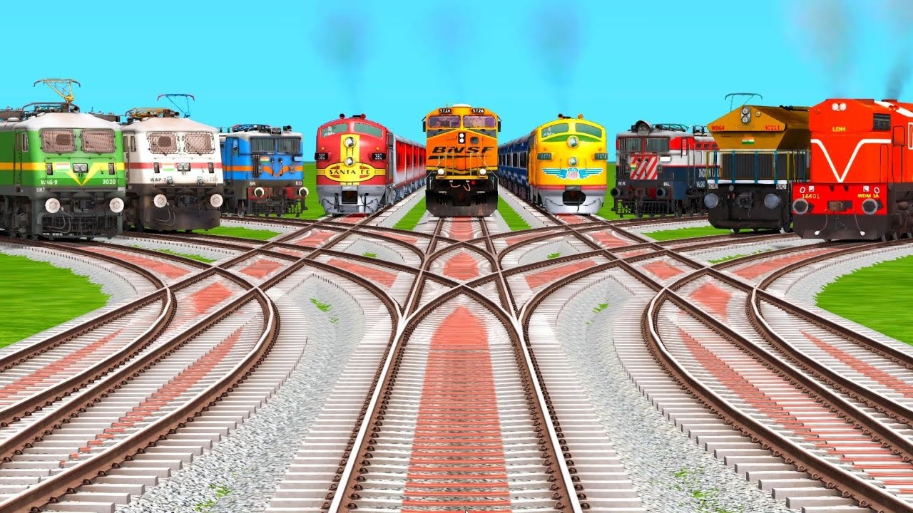 9 Trains Crossing Diamonds By Extreme Bumpy Railroad Tracks | New Train Game | train simulator game