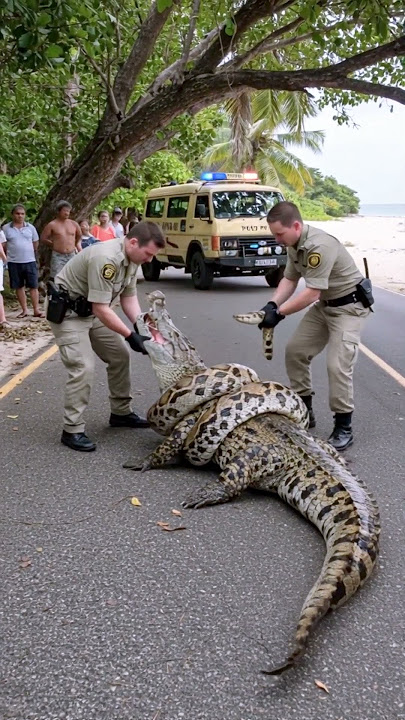 rescue crocodile from big snake