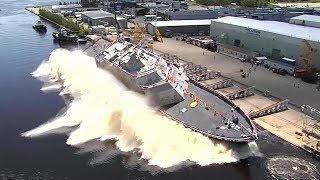 US Navy Launches New Warship Sideways Into Water — USS Billings Christening and Launch