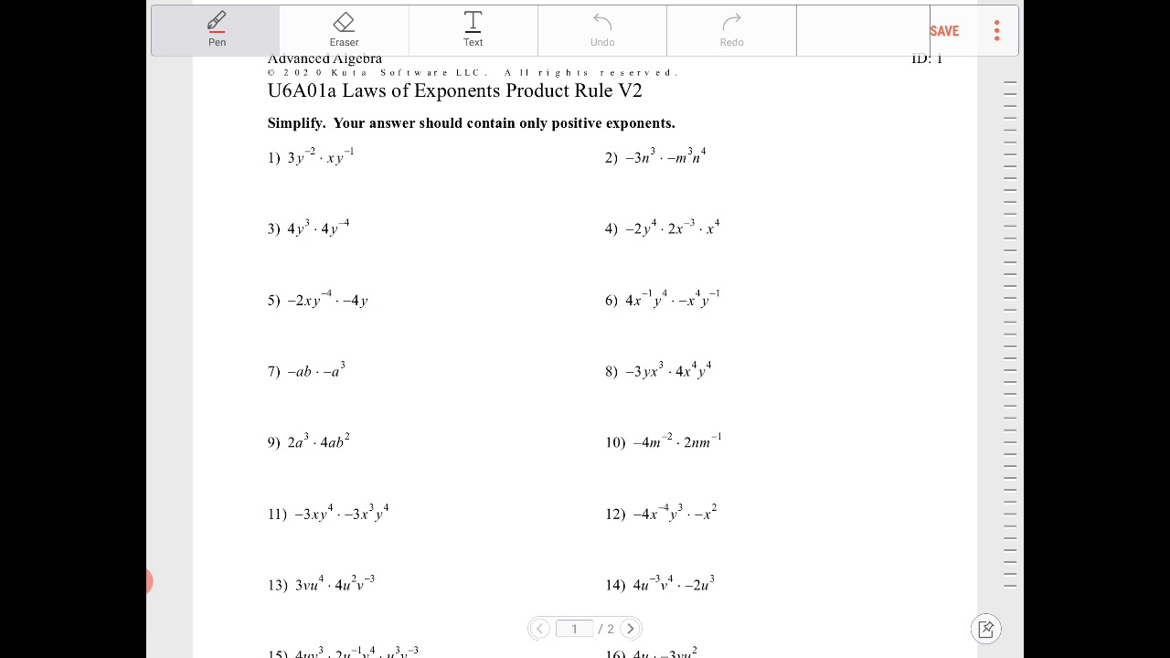 Algebra 2 U6A01a exercise on applying the product rule for exponents ...