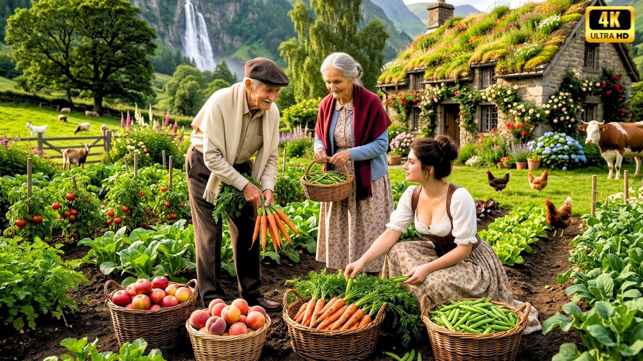 Life in a Peaceful Countryside Garden Harvesting fresh fruits ...