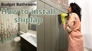 DIY beginner bathroom vertical shiplap tutorial | EXTREME Budget Bathroom Makeover Pt 2