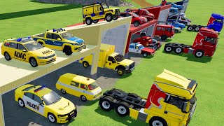 TRANSPORTING CARS, AMBULANCE, FIRE TRUCK, POLICE CARS OF COLORS! WITH TRUCKS! - FARMING SIMULATOR 22