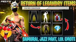 Return Of Legandry Items Jazz Pant, Zombie Samurai Bundle, Lol Emote Free Fire New Event Ff