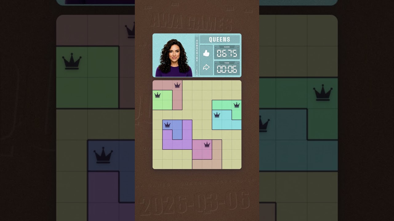 LinkedIn Queens #675 solved board for March 6, 2026, 9x9 grid