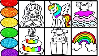 How To Draw Rainbow Princess Unicorn Cat And Others-Glitter Coloring For Kids