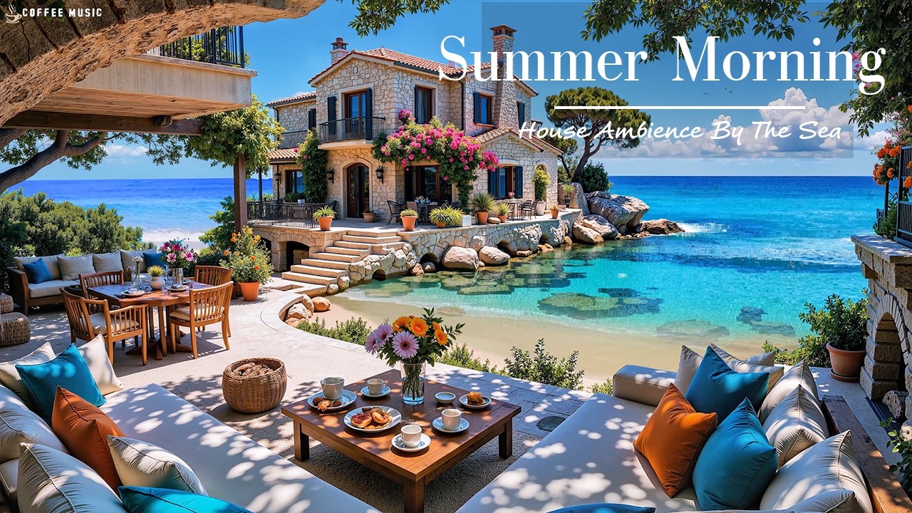 Summer Morning House Ambience By The Sea 🌅 Relaxing Jazz Melodies & Ocean Sounds For Calm Mood