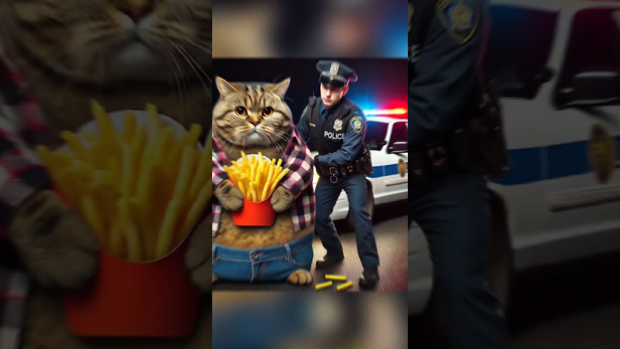 Poor cat arrested⛓️👮♂️! While stealing for his hungry son # #cat #growupmyaccount #fyp#trending #