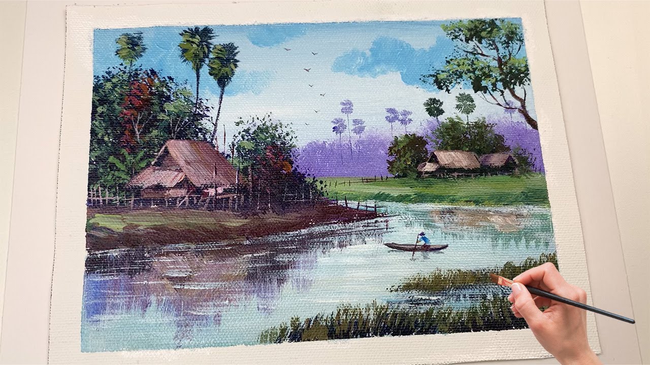 How To Paint a Landscape With Acrylic | Village House Landscape ...