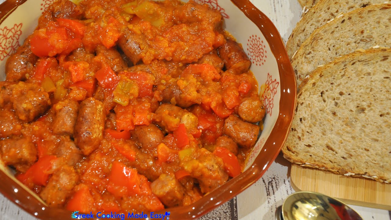 Cretan Smoked Sausages in spicy Tomato Sauce - Κρητικά Καπνιστά Λουκάνικα σε πικάντικη σάλτσα Τομάτα | Greek Cooking Made Easy