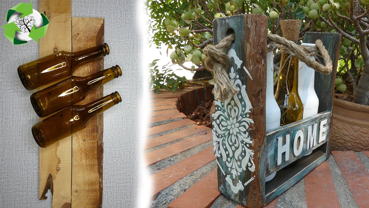 IDEA CON 2 TROZOS DE PALETS Y 3 BOTELLAS DECORACIÓN INCREIBLE efecto decapado. Tutorial.