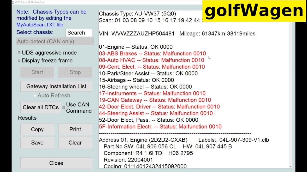VW Golf 7 VCDS VAG Auto Scan Fault Codes 60 000 Km YouTube