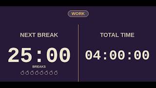 4 Hour Pomodoro Timer | 25/5 Focus Sessions x8 | Purple Study Timer
