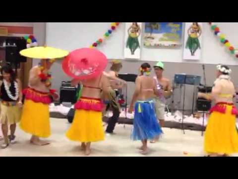 men in grass skirts