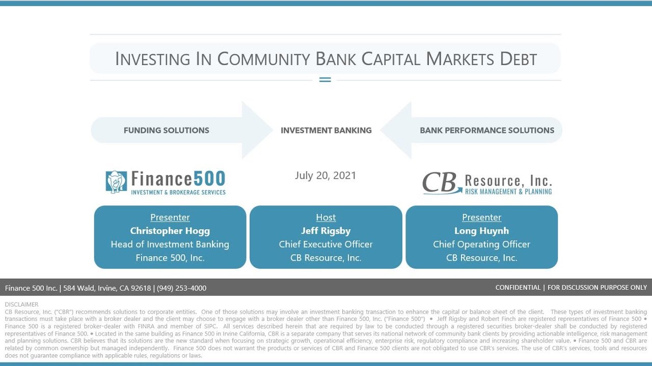 Webinar: Investing In Community Bank Capital Markets Debt