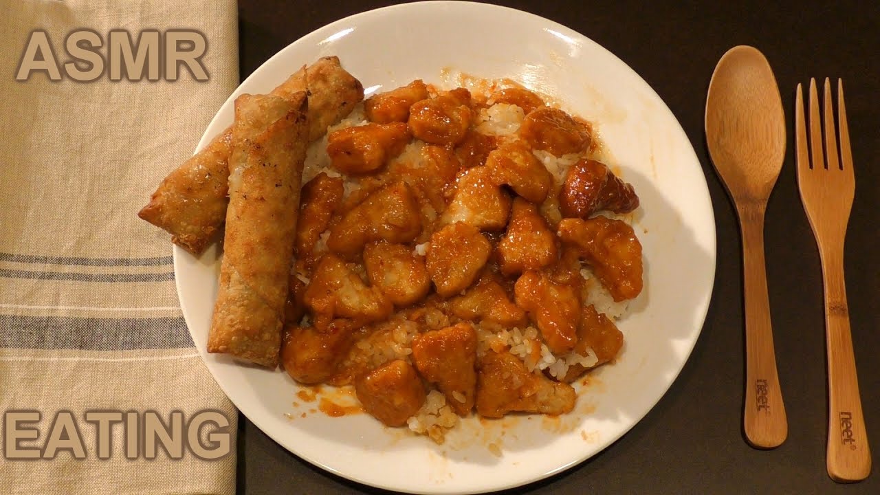 ASMR: Eating Chicken, Rice & Egg Rolls (From The Freezer)