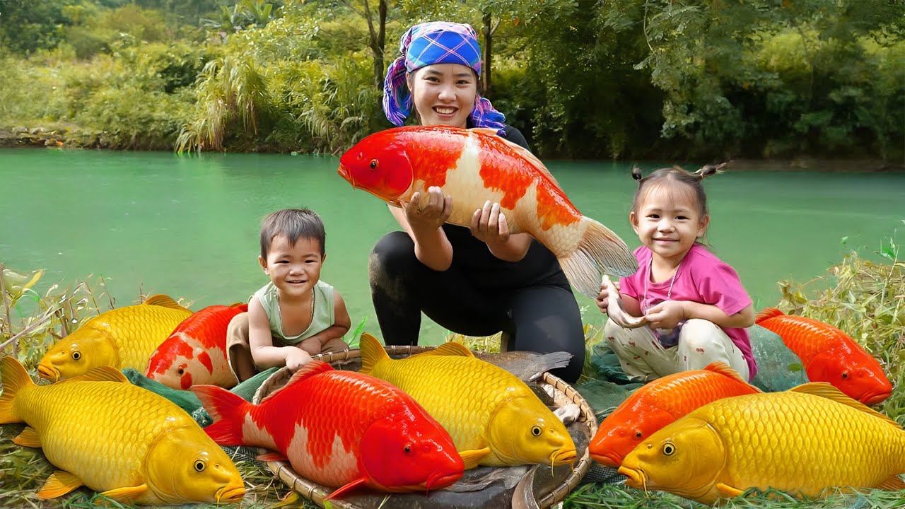 New FISHING SKILL by Ms Duong Family | Catching GIANT FISH with 100 Bamboo Fishing Poles in Big Lake