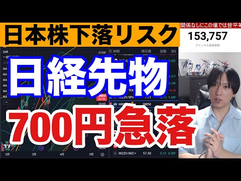 4/13、日本株下落リスク。中東情勢悪化で日経平均が700円急落。円安加速でドル円153円。銀行株急落で米国株、ナスダック、半導体株も大幅安。仮想通貨ビットコイン、金先物高止まり。