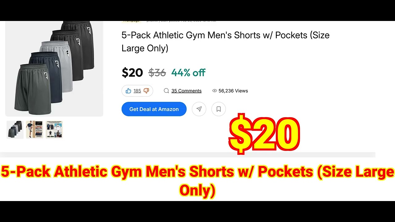 2026-02-26 5-Pack Athletic Gym Men's Shorts w Pockets (Size Large Only)