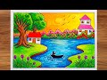 Easy Beautiful Nature Scenery Drawing for Beginners | River Side House Drawing