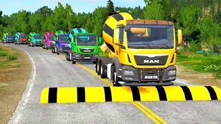 Double Flatbed Trailer Truck vs speed bumps|Busses vs speed bumps|Beamng Drive|BEAMNG4K#9