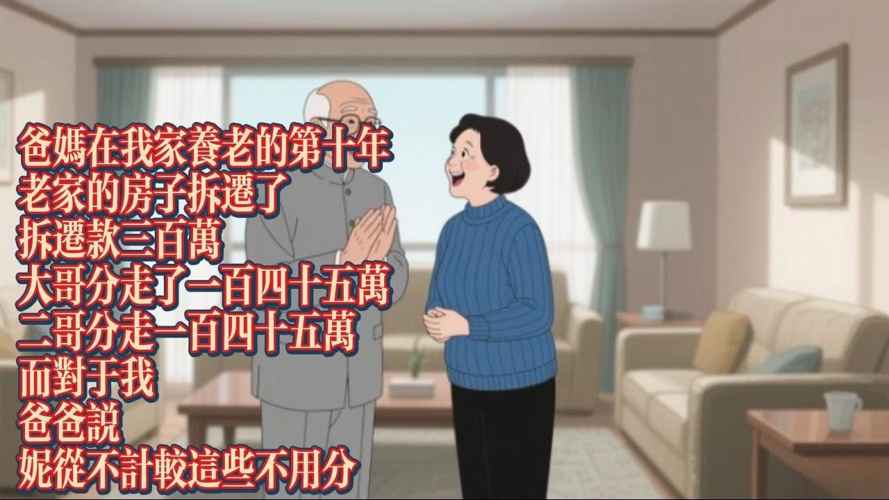 爸媽在我家養老的第十年，老家的房子拆遷了，拆遷款三百萬，大哥分走了一百四十五萬，二哥分走一百四十五萬，而對於我，爸爸説，妮從不計較這些，不用分｜恐怖動漫｜懸疑動漫｜虐心動漫