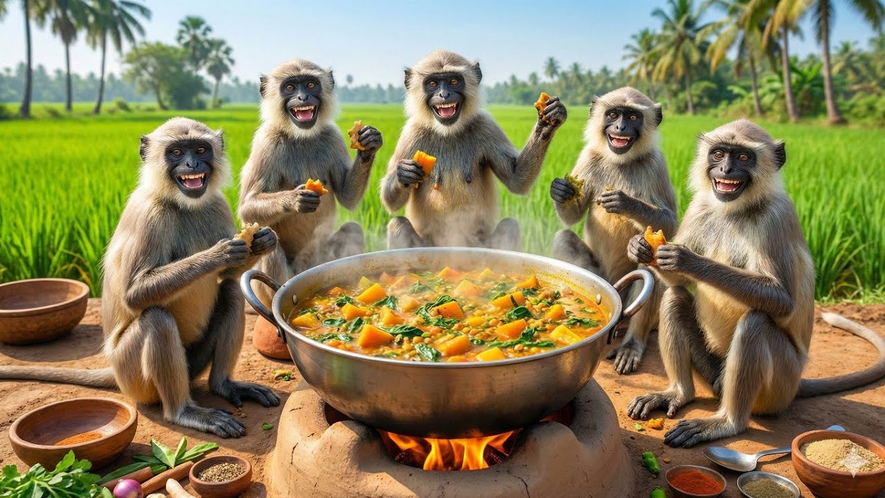 Indian Monkeys Calmly Cooking in Nature | Realistic Village-Style Outdoor Cooking