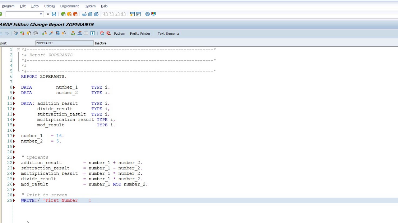 SAP ABAP FIRST SAMPLE PROGRAM OPERANTS - YouTube