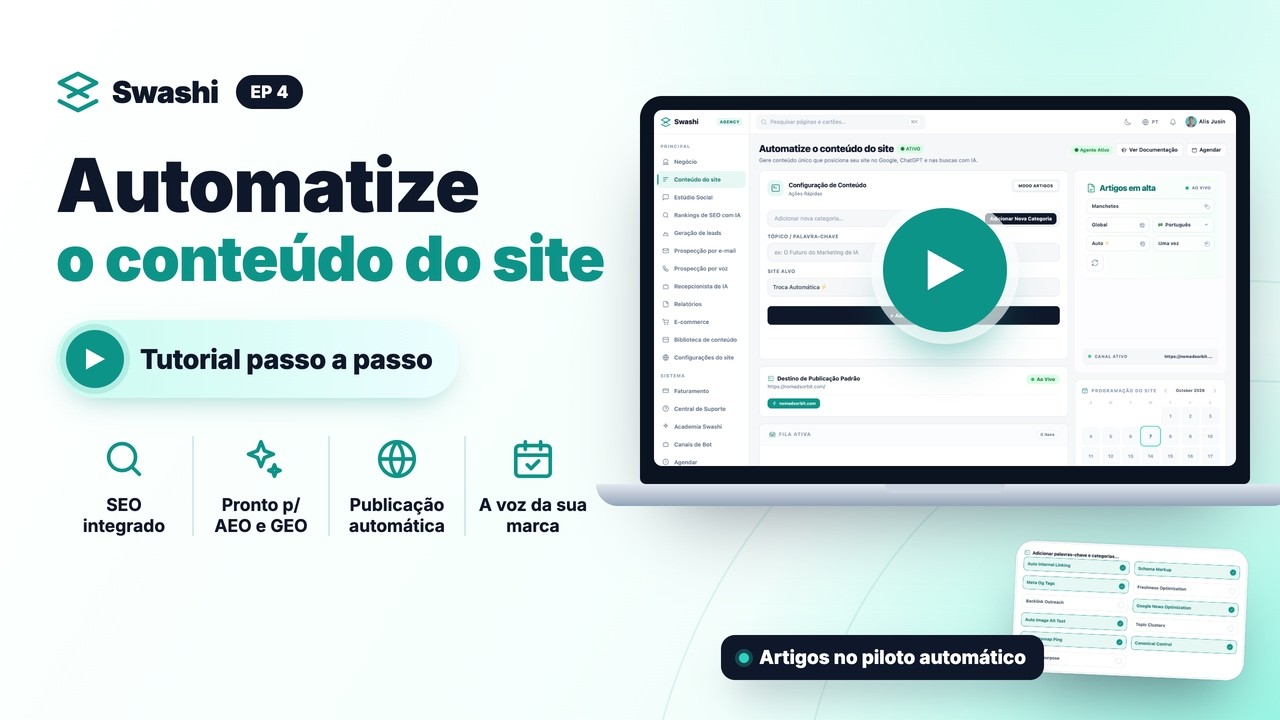 Como automatizar o conteúdo do seu site para SEO, AEO e GEO com o Swashi