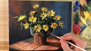 Acrylic Painting Yellow Flowers Still Life / Correa Art