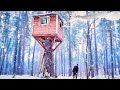 Tree house life  cozy winter overnight in a tree house with a stove and electricity
