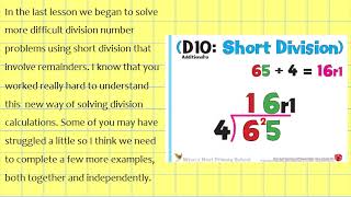 Year 3 Mr Baglin Numeracy division I can use short division to solve division number problems includ