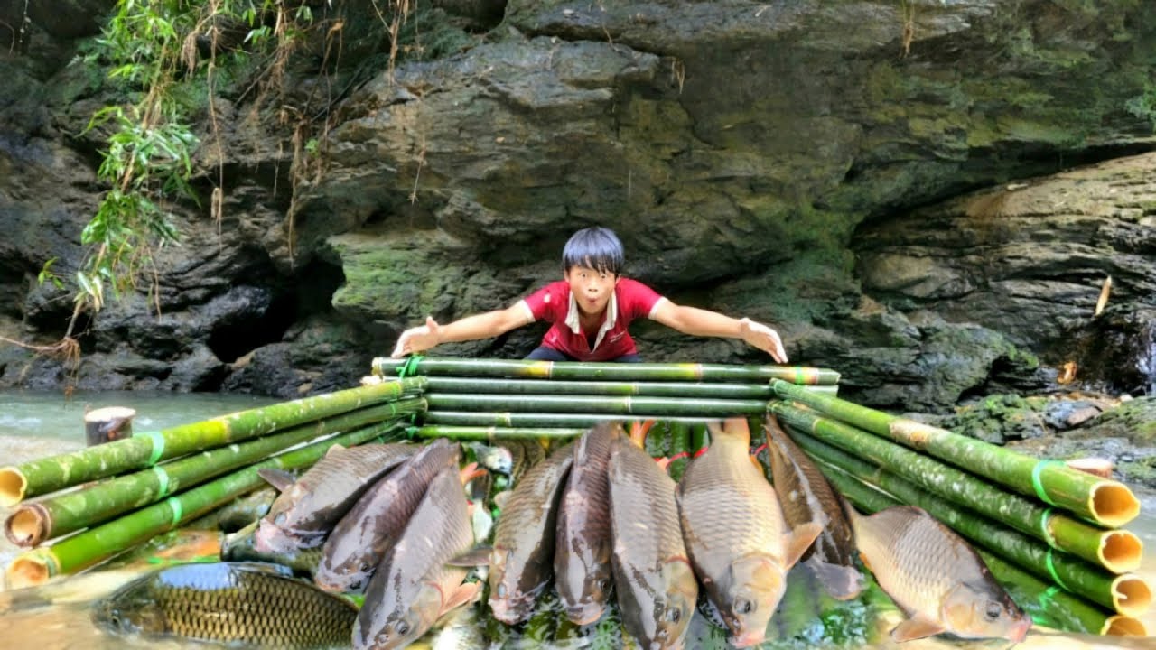 The boy Lam used bamboo to make a fish trap in the stream. And caught a ...
