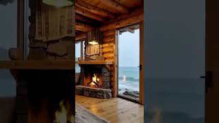 Warm fire. Rain over the ocean #CozyCabin #OceanAmbience #RainAmbience #FireplaceVibes